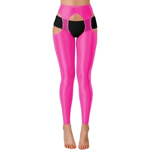 ChiaoLezhee Sexy Shiny Leggings For Women, Sheer High Waisted, Shimmer Sparkly Glossy Rave Party Pants Suspender Pantyhose(Hot Pink)