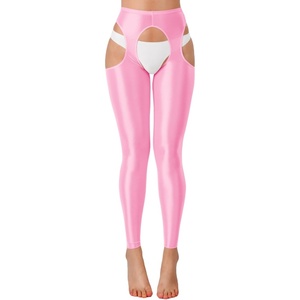 ChiaoLezhee Sexy Shiny Leggings For Women, Sheer High Waisted, Shimmer Sparkly Glossy Rave Party Pants Suspender Pantyhose(Light Pink)