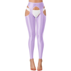 ChiaoLezhee Sexy Shiny Leggings For Women, Sheer High Waisted, Shimmer Sparkly Glossy Rave Party Pants Suspender Pantyhose(Light Purple)