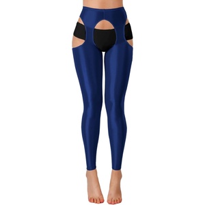 ChiaoLezhee Sexy Shiny Leggings For Women, Sheer High Waisted, Shimmer Sparkly Glossy Rave Party Pants Suspender Pantyhose(Navy Blue)