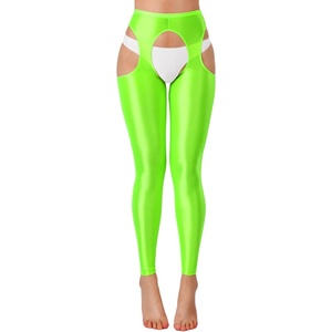 ChiaoLezhee Sexy Shiny Leggings For Women, Sheer High Waisted, Shimmer Sparkly Glossy Rave Party Pants Suspender Pantyhose(Neon Green)