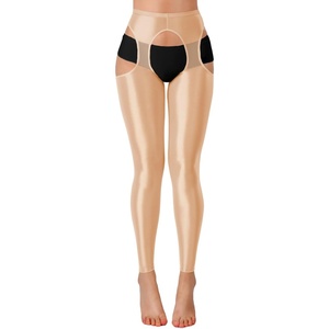 ChiaoLezhee Sexy Shiny Leggings For Women, Sheer High Waisted, Shimmer Sparkly Glossy Rave Party Pants Suspender Pantyhose(Nude)