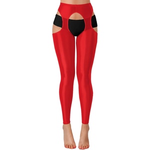 ChiaoLezhee Sexy Shiny Leggings For Women, Sheer High Waisted, Shimmer Sparkly Glossy Rave Party Pants Suspender Pantyhose(Red)
