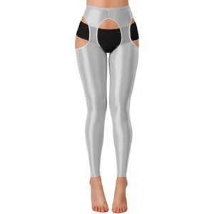 ChiaoLezhee Sexy Shiny Leggings For Women, Sheer High Waisted, Shimmer Sparkly Glossy Rave Party Pants Suspender Pantyhose(Silver)
