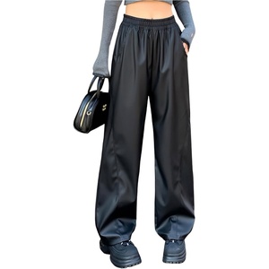 Women Black High-Waisted Faux PU Leather Wide-Leg Pants Elastic Waist Loose Fit Pants with Pockets