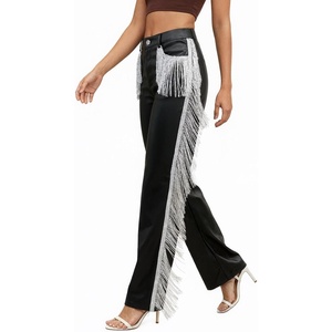Womens Fringe Pants Faux Leather PU Button Straight Leggings Sparkly Tassels Side Skinny Trousers(Black)