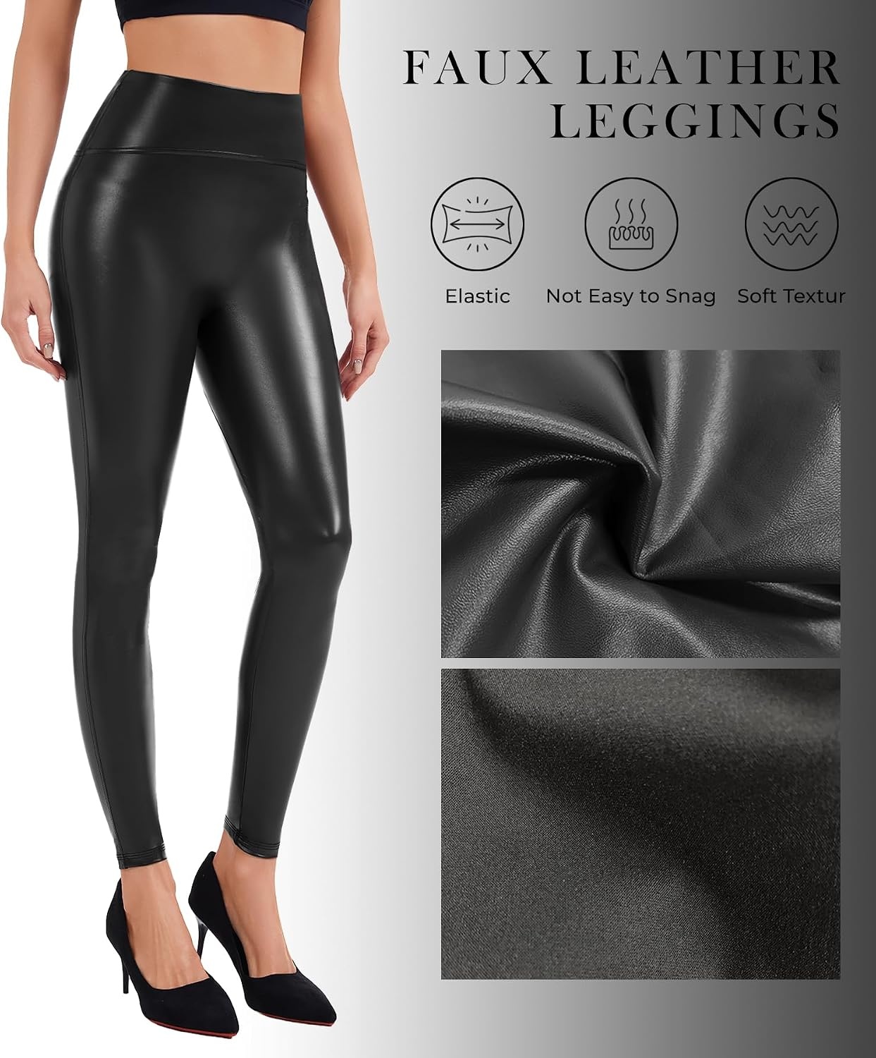 image:imageFaux Leather Leggings for Women High Waist Slim Leather Pants Stretch PU Tights Ankle Length Pants Black M Skinny