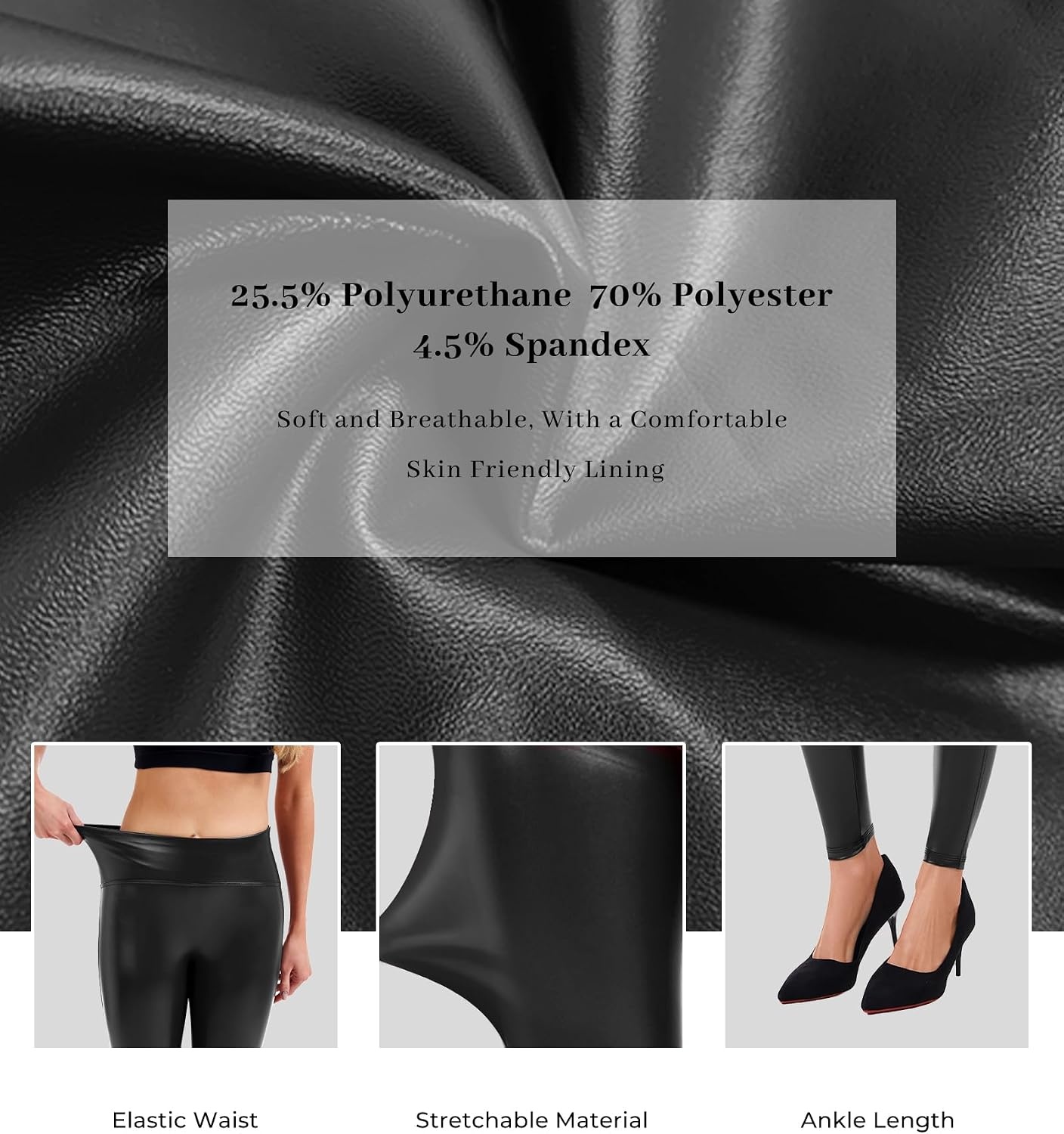 image:imageFaux Leather Leggings for Women High Waist Slim Leather Pants Stretch PU Tights Ankle Length Pants Black M Skinny