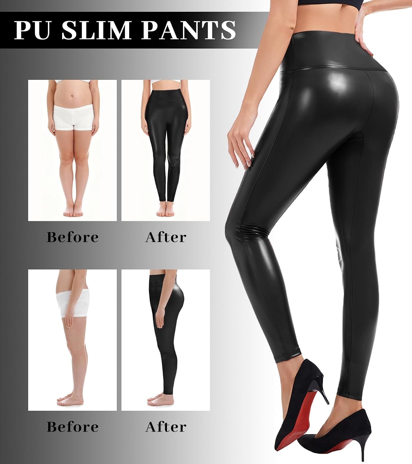 image:imageFaux Leather Leggings for Women High Waist Slim Leather Pants Stretch PU Tights Ankle Length Pants Black M Skinny