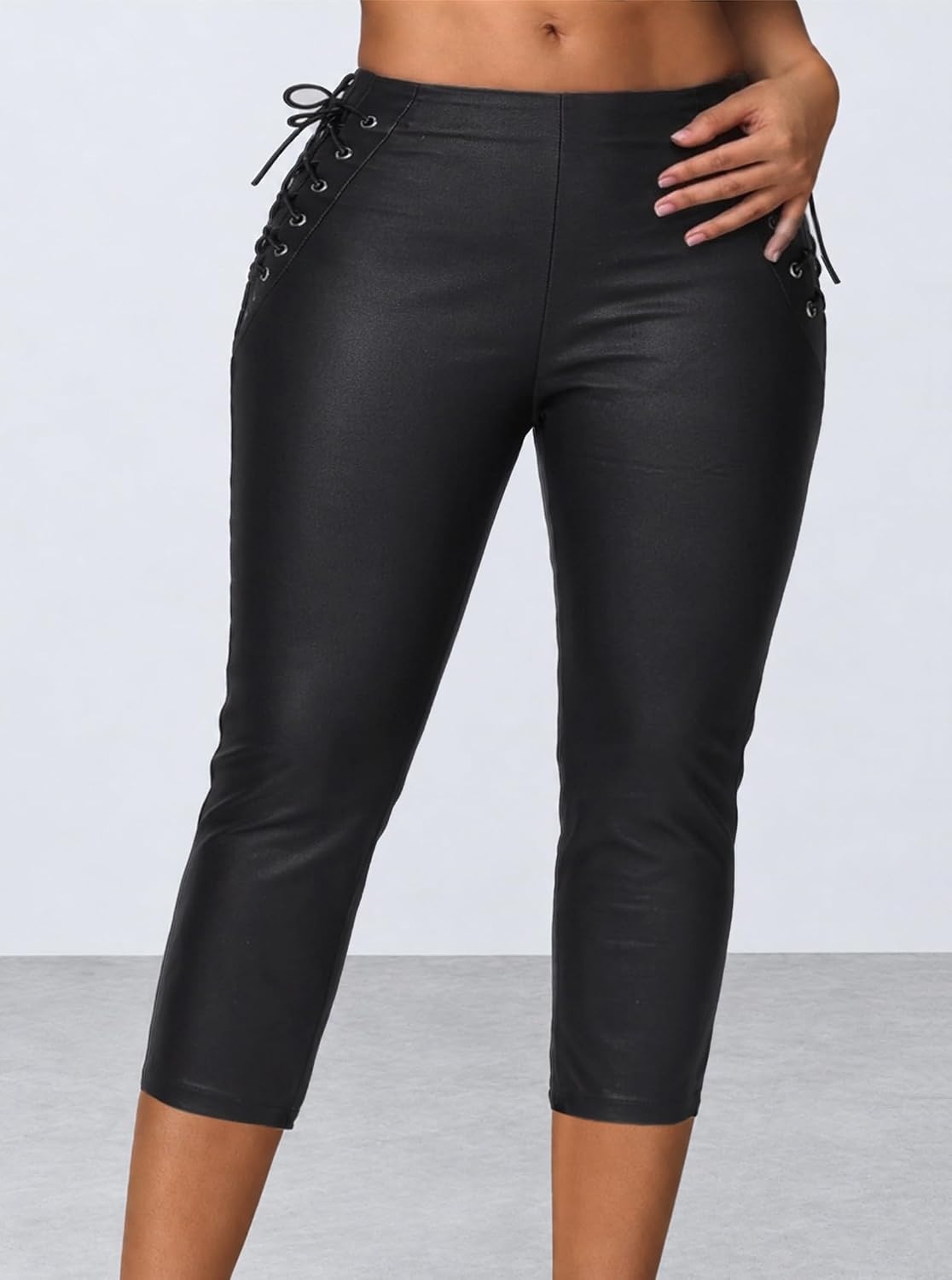 image:imageAvanova Women Faux Leather Lace Up Capri Pants High Waisted Crop LeggingsBlack