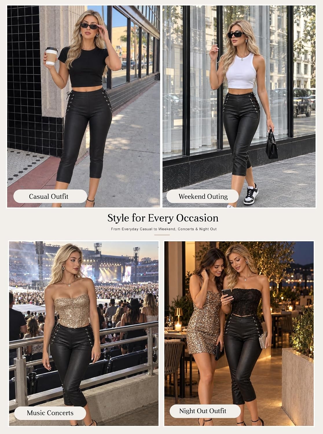 image:imageAvanova Women Faux Leather Lace Up Capri Pants High Waisted Crop LeggingsBlack