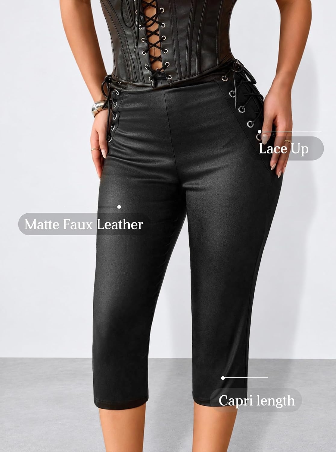 image:imageAvanova Women Faux Leather Lace Up Capri Pants High Waisted Crop LeggingsBlack