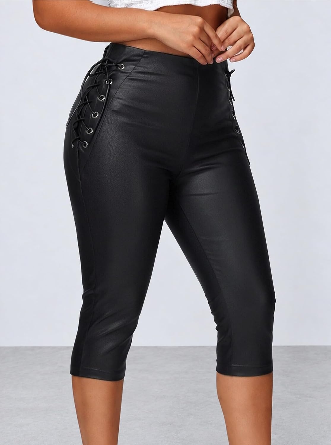 image:imageAvanova Women Faux Leather Lace Up Capri Pants High Waisted Crop LeggingsBlack