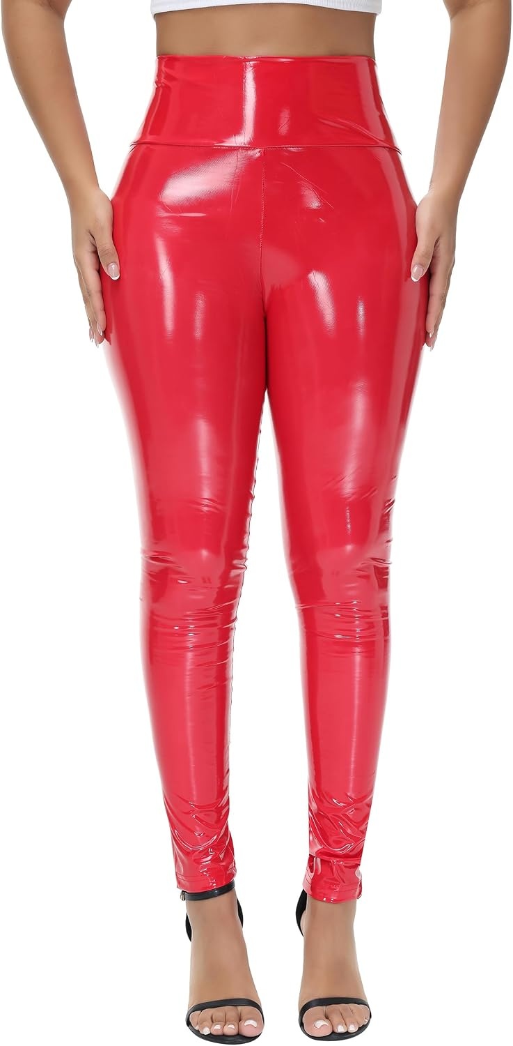 image:imageNewL Women Mirror Faux Patent Leather Leggings Wet Look Shiny StretchRed