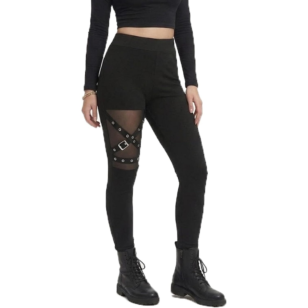 image:imagexxxiticat Women Lace Up Legging Pants Black Gothic Buckle Strap Goth TightsMesh