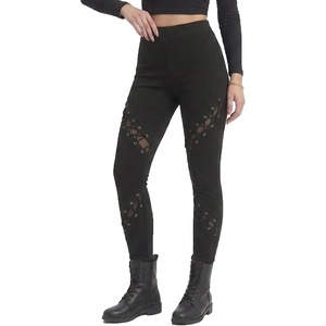 xxxiticat Women Lace Up Legging Pants Black Gothic Buckle Strap Goth Tights(Cross)