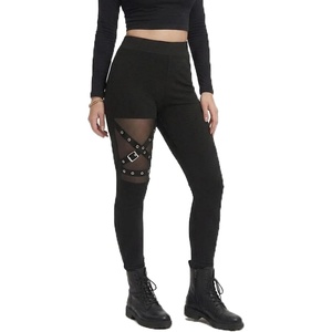 xxxiticat Women Lace Up Legging Pants Black Gothic Buckle Strap Goth Tights(Mesh)