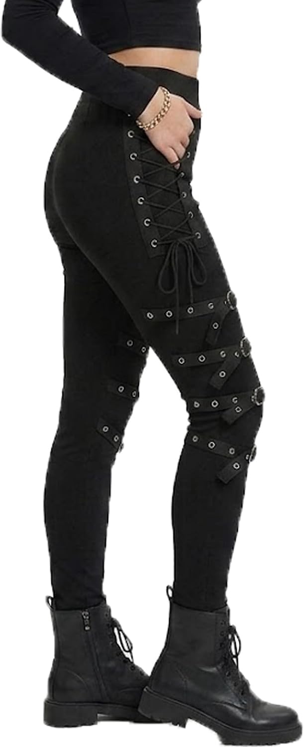 image:imagexxxiticat Women Lace Up Legging Pants Black Gothic Buckle Strap Goth TightsBlack