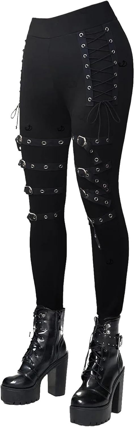 image:imagexxxiticat Women Lace Up Legging Pants Black Gothic Buckle Strap Goth TightsBlack