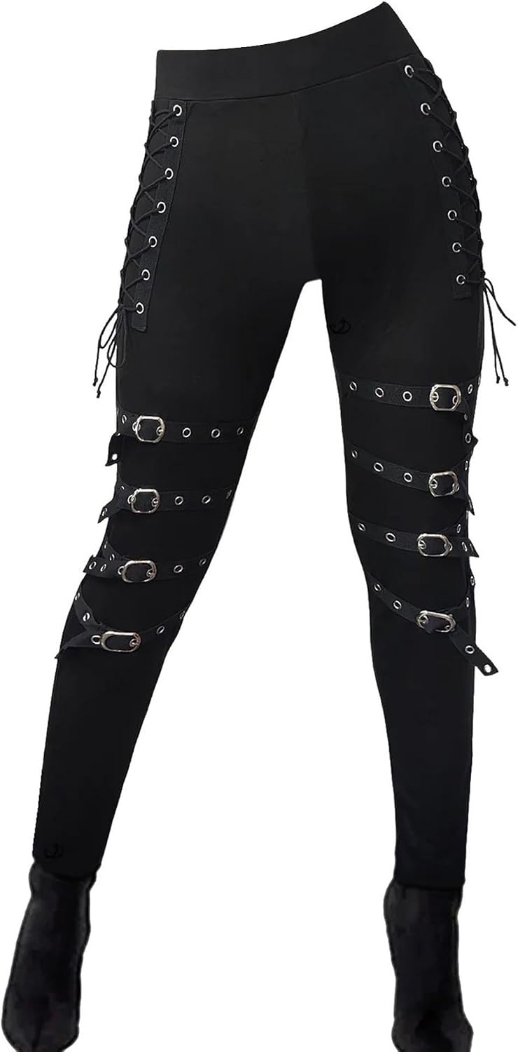 image:imagexxxiticat Women Lace Up Legging Pants Black Gothic Buckle Strap Goth TightsBlack