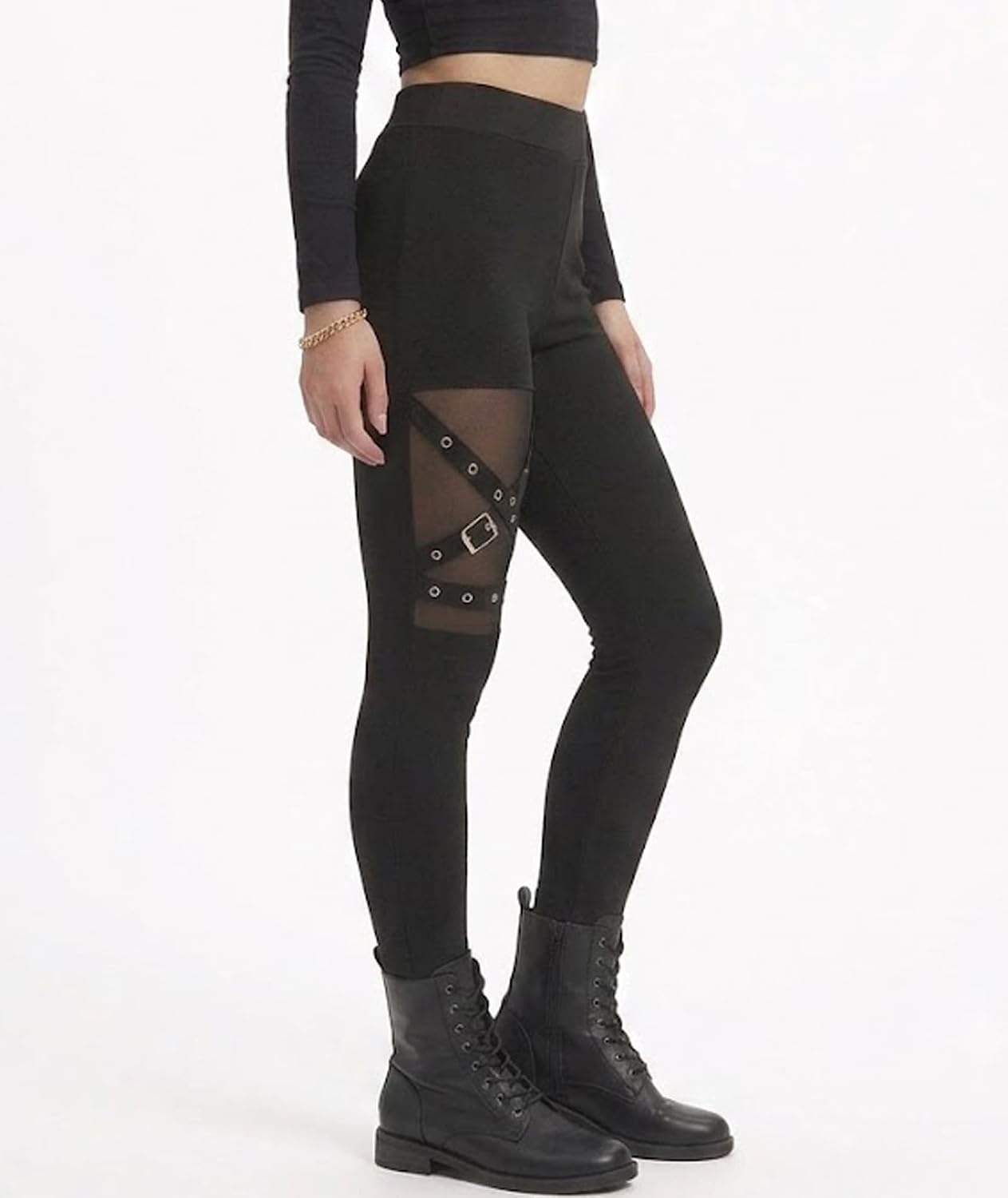 image:imagexxxiticat Women Lace Up Legging Pants Black Gothic Buckle Strap Goth TightsMesh