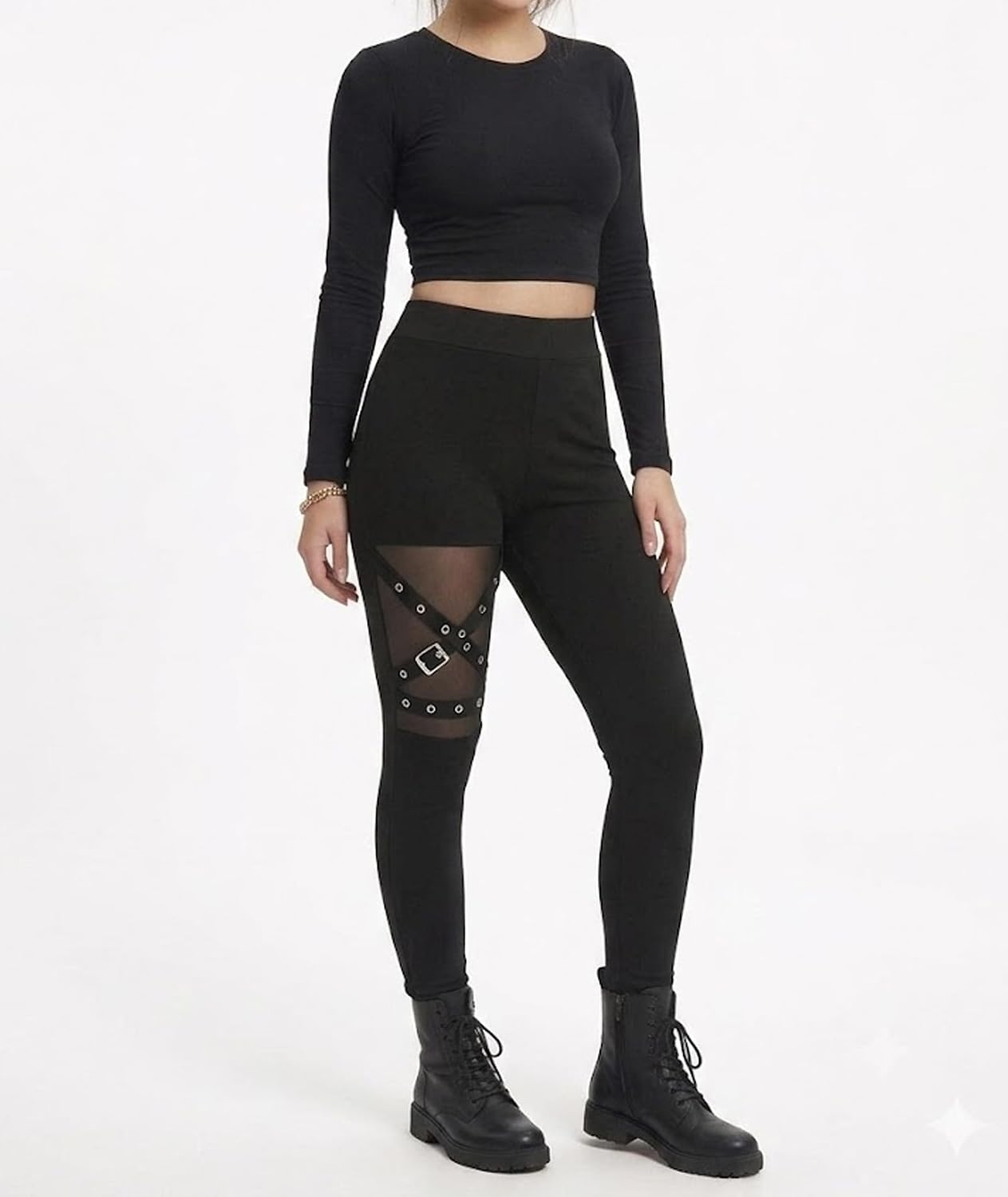 image:imagexxxiticat Women Lace Up Legging Pants Black Gothic Buckle Strap Goth TightsMesh