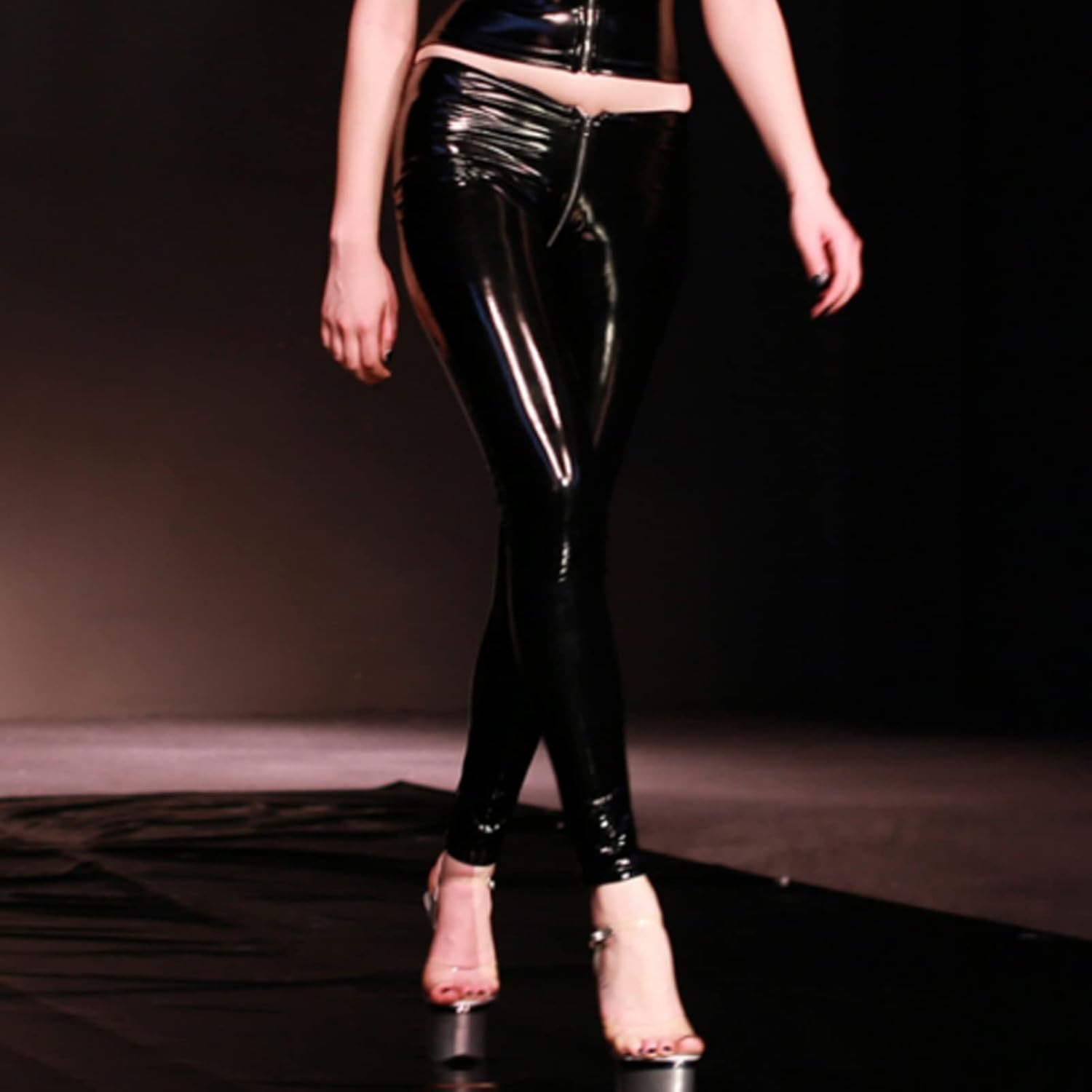 image:imageLESOYA Womens Sexy Wetlook PVC Leather Low Rise Skinny Leggings Full Zipper Crotch Tight PantsBlack