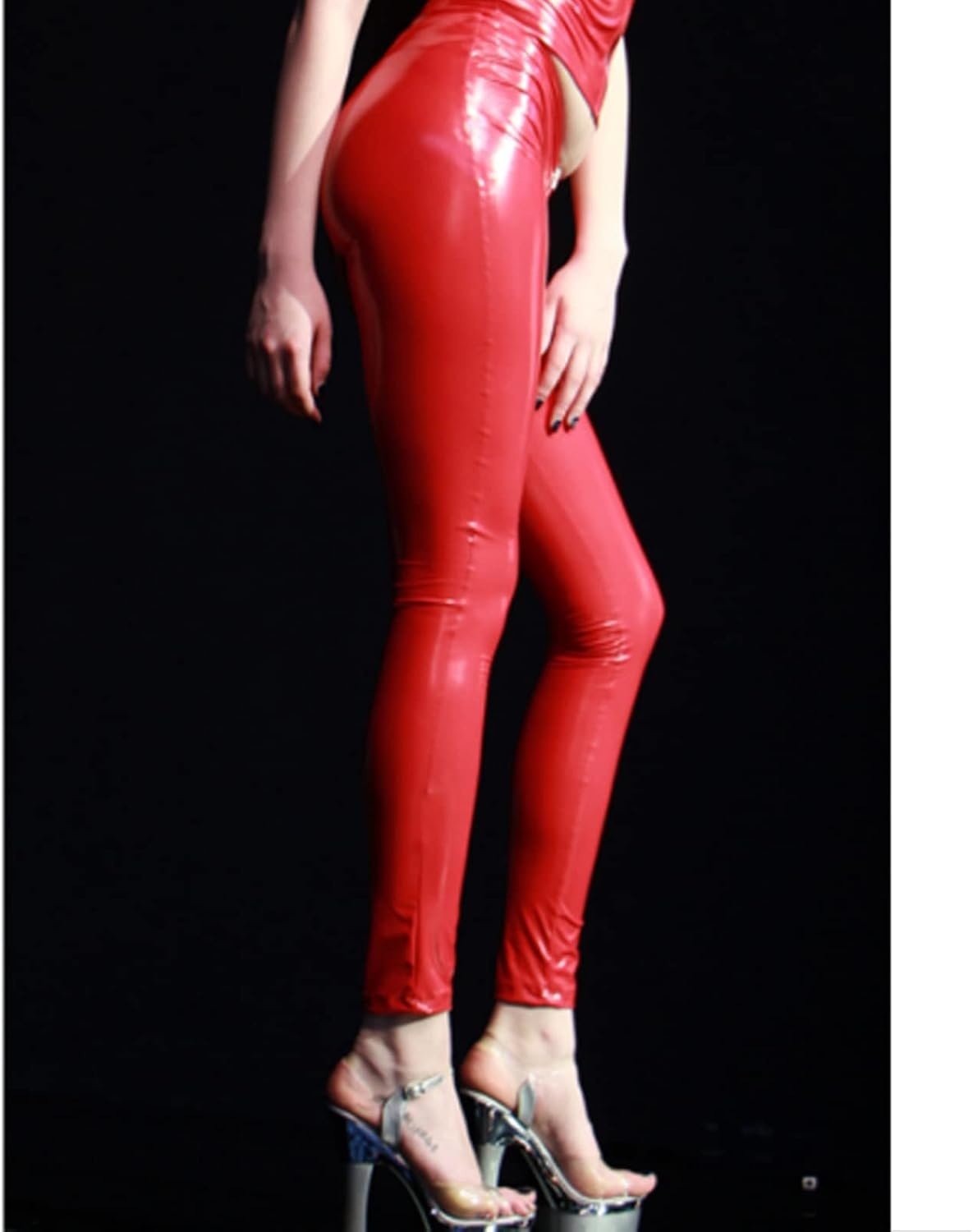 image:imageLESOYA Womens Sexy Wetlook PVC Leather Low Rise Skinny Leggings Full Zipper Crotch Tight PantsRed