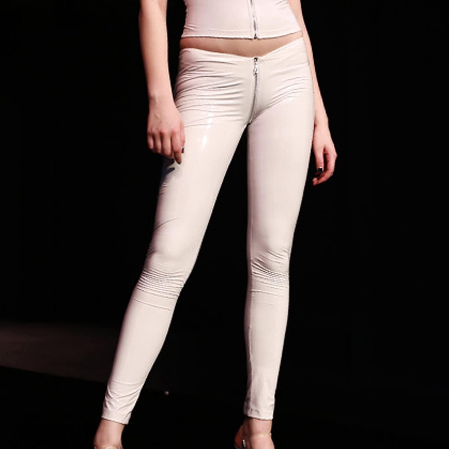 image:imageLESOYA Womens Sexy Wetlook PVC Leather Low Rise Skinny Leggings Full Zipper Crotch Tight PantsWhite