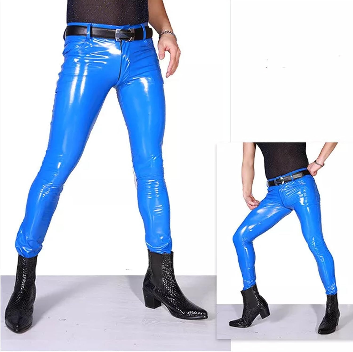 image:imageMens Wet Look PVC Leather Pants Tight Motorcycle Leggings Skinny Long Pants TrousersBlue