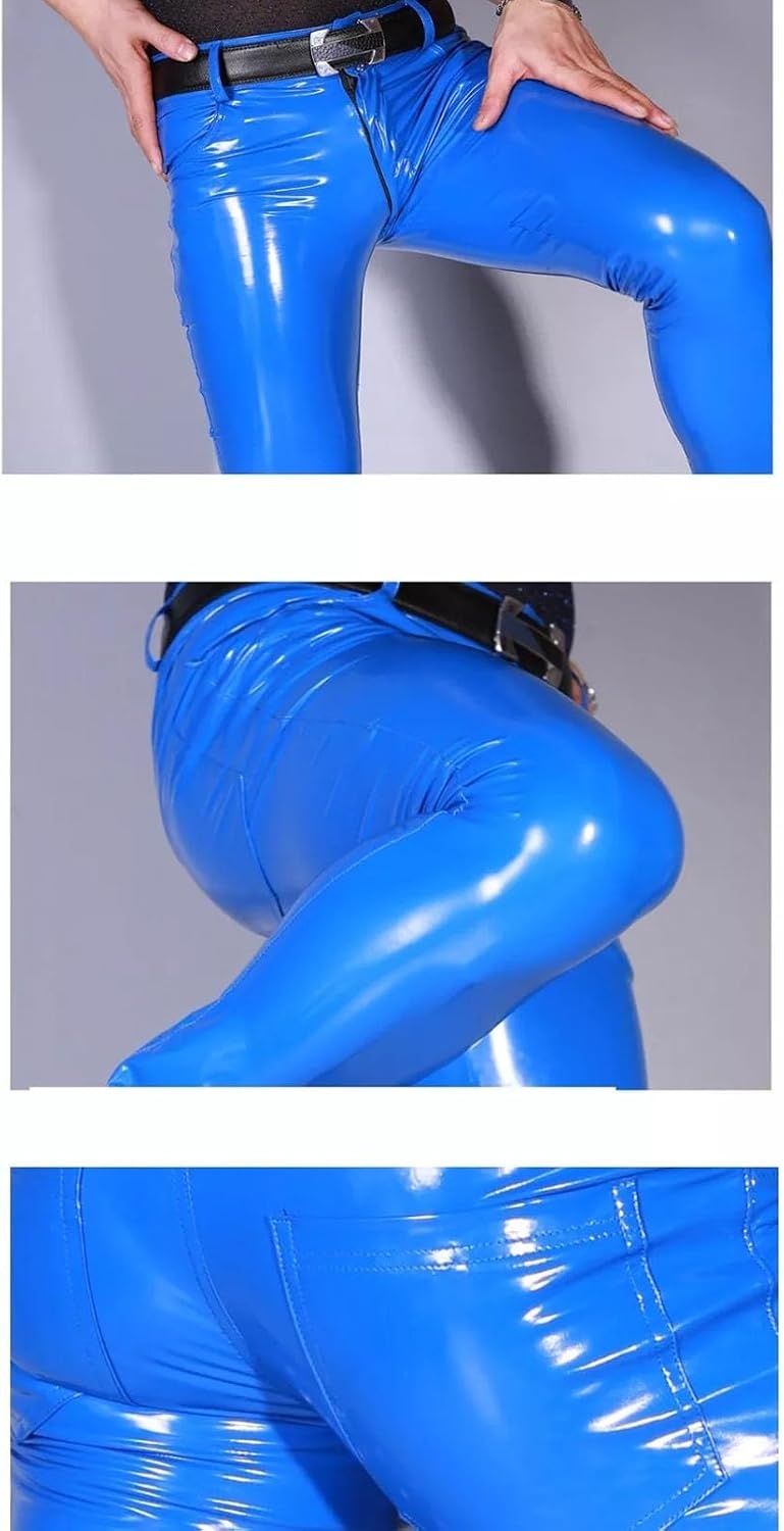image:imageMens Wet Look PVC Leather Pants Tight Motorcycle Leggings Skinny Long Pants TrousersBlue