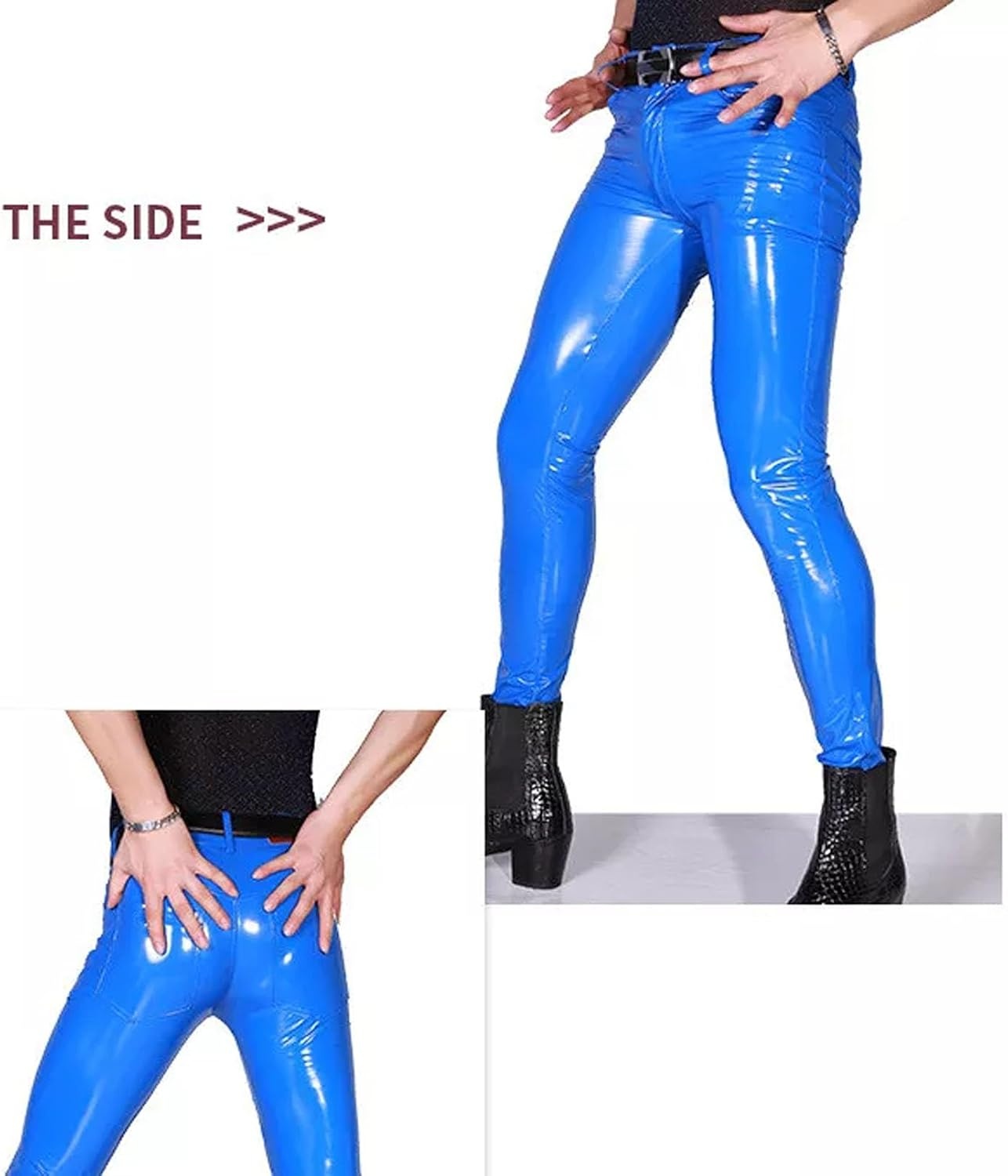 image:imageMens Wet Look PVC Leather Pants Tight Motorcycle Leggings Skinny Long Pants TrousersBlue