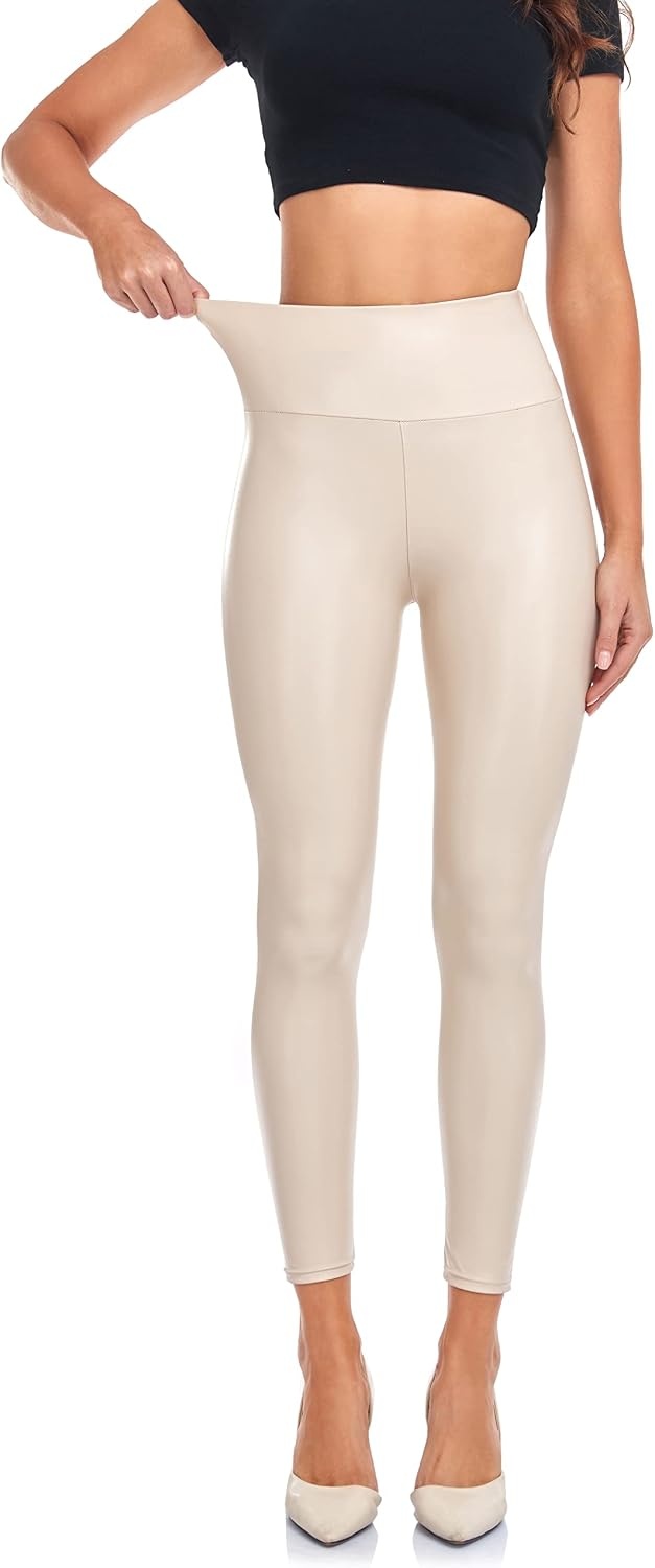 image:imageWomens Faux Leather Leggings Soft High Waist Tummy Control Pleather PantsBeige