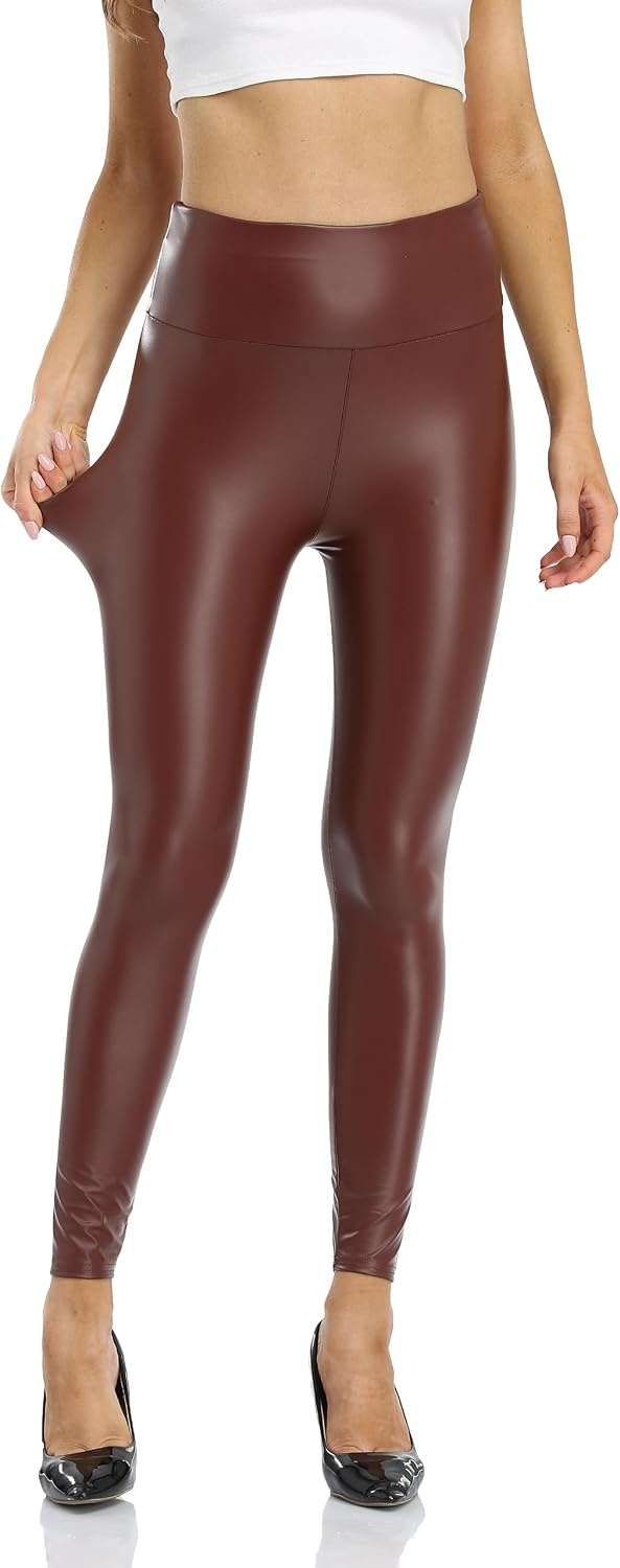 image:imageWomens Faux Leather Leggings Soft High Waist Tummy Control Pleather PantsBrown