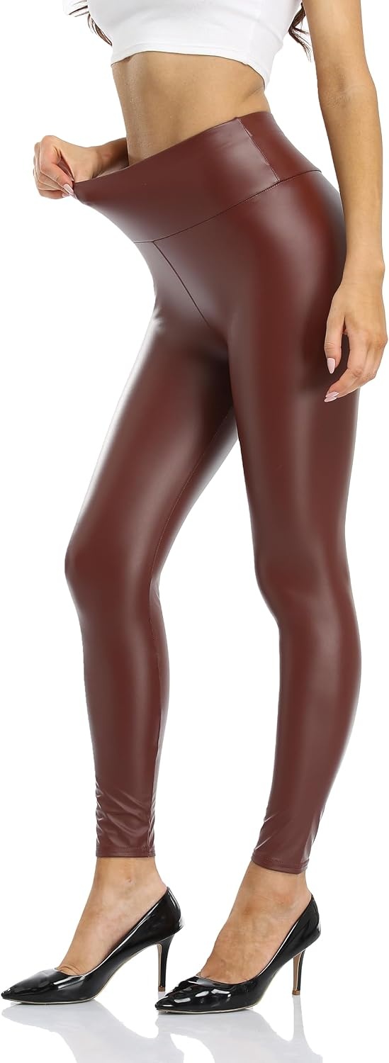 image:imageWomens Faux Leather Leggings Soft High Waist Tummy Control Pleather PantsBrown
