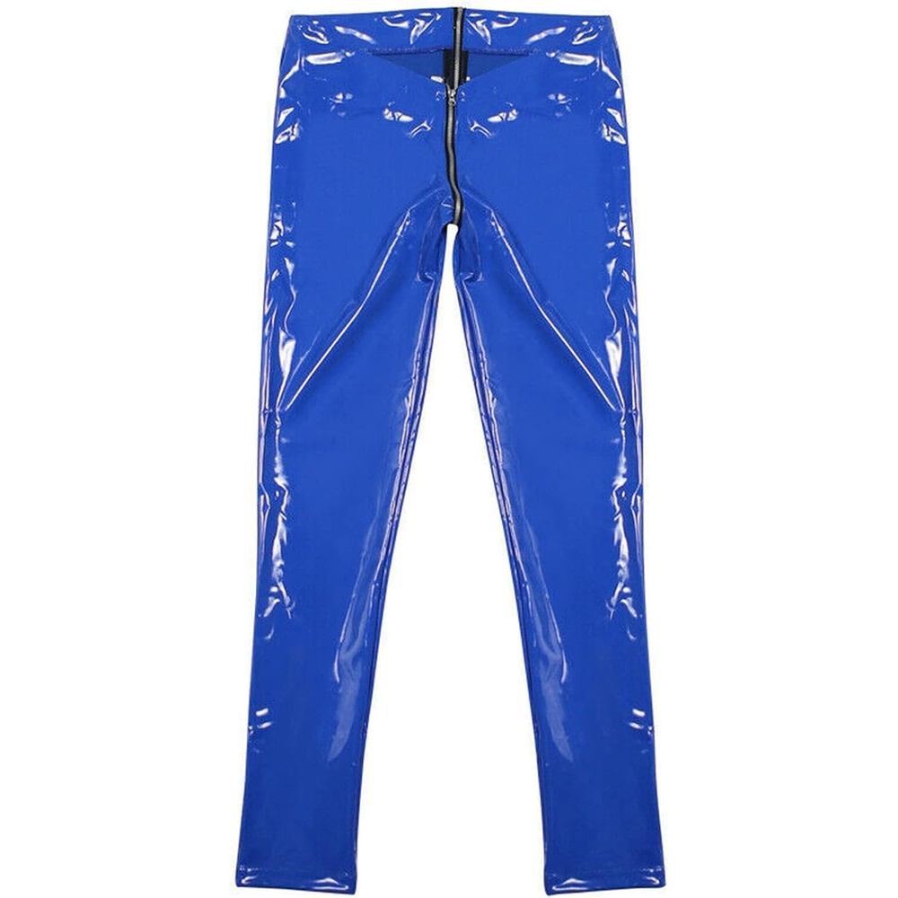 image:imageLESOYA Womens Sexy Wetlook PVC Leather Low Rise Skinny Leggings Full Zipper Crotch Tight PantsBlue