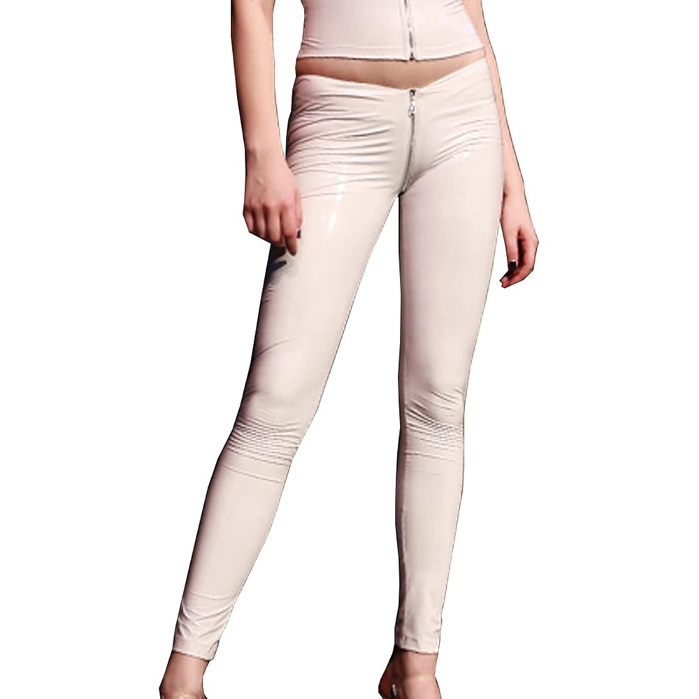 image:imageLESOYA Womens Sexy Wetlook PVC Leather Low Rise Skinny Leggings Full Zipper Crotch Tight PantsWhite