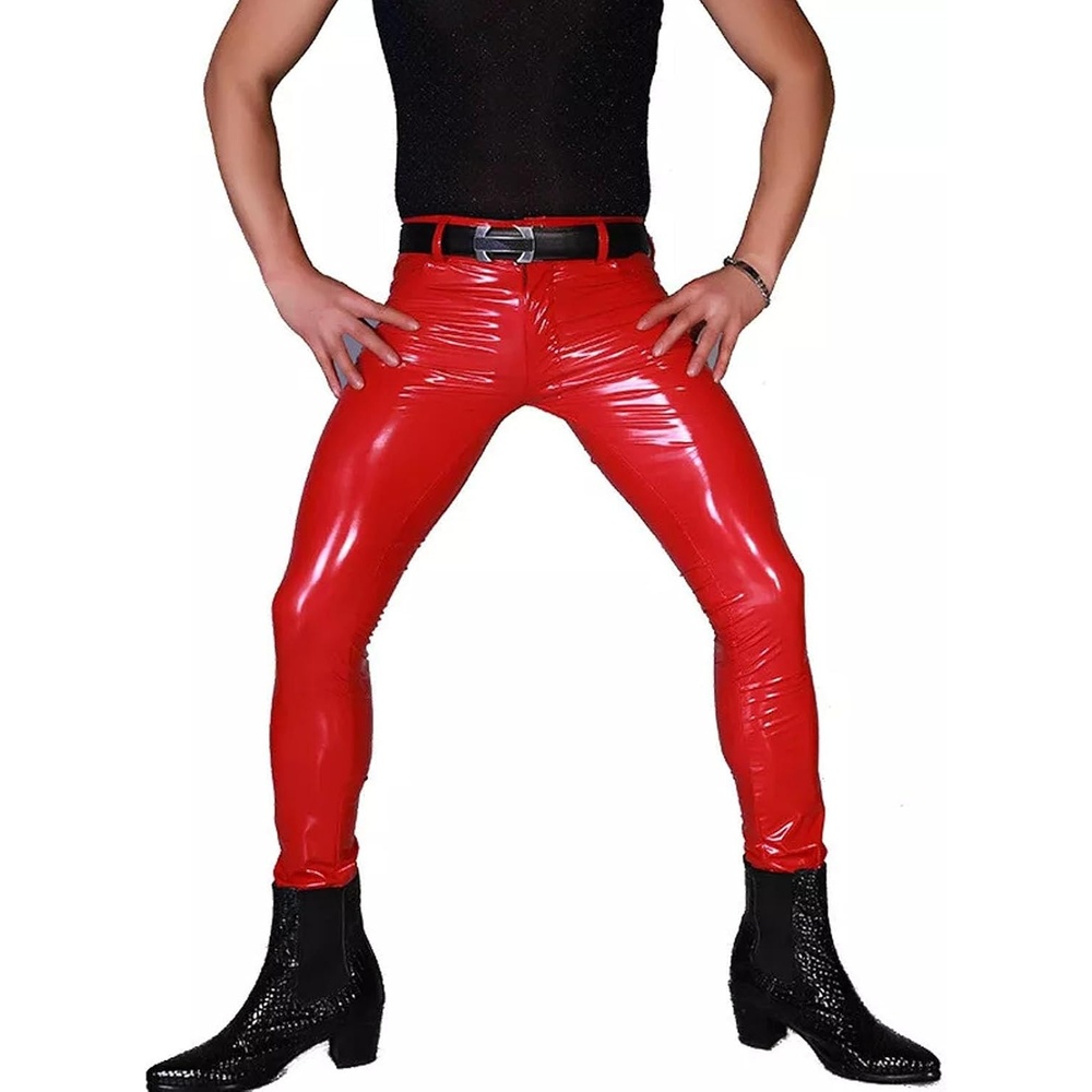image:imageMens Wet Look PVC Leather Pants Tight Motorcycle Leggings Skinny Long Pants TrousersRed