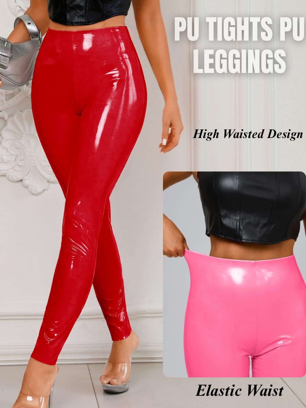 image:imageChiaoLezhee Faux Leather Leggings for Women High Waisted Pleather PantsRed