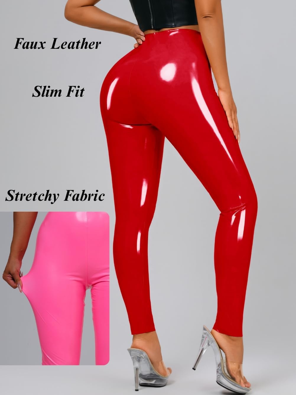 image:imageChiaoLezhee Faux Leather Leggings for Women High Waisted Pleather PantsRed