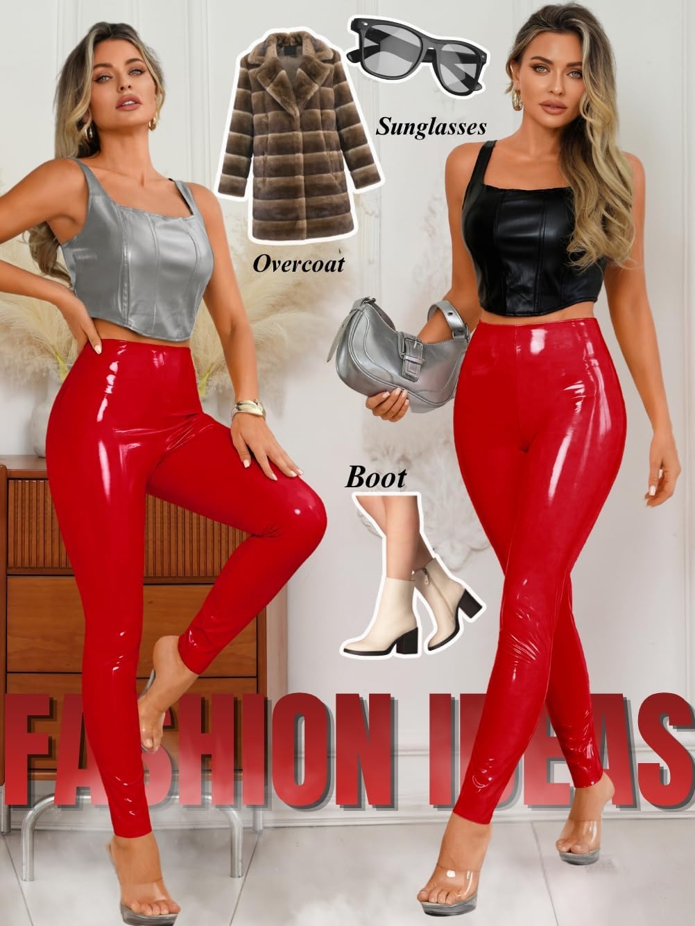 image:imageChiaoLezhee Faux Leather Leggings for Women High Waisted Pleather PantsRed