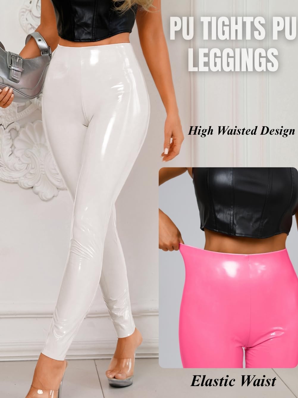 image:imageChiaoLezhee Faux Leather Leggings for Women High Waisted Pleather PantsWhite