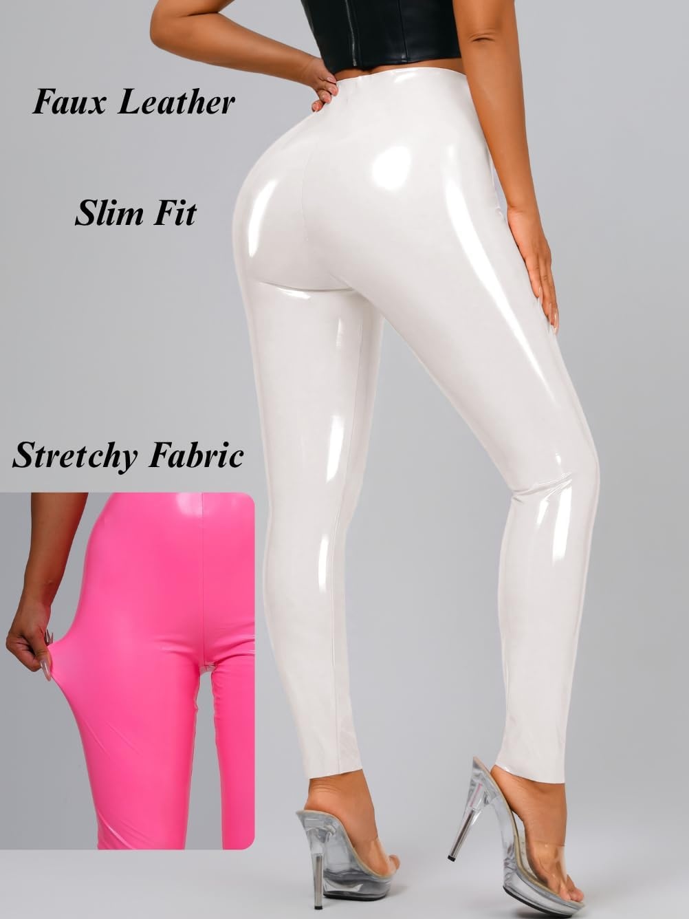 image:imageChiaoLezhee Faux Leather Leggings for Women High Waisted Pleather PantsWhite