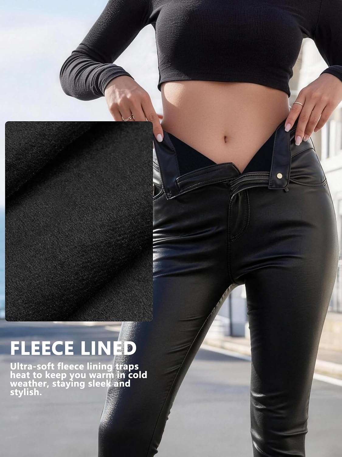 image:imageGlox Womens Faux Leather Leggings with Pockets Fleece Lined Leather PantsBlack