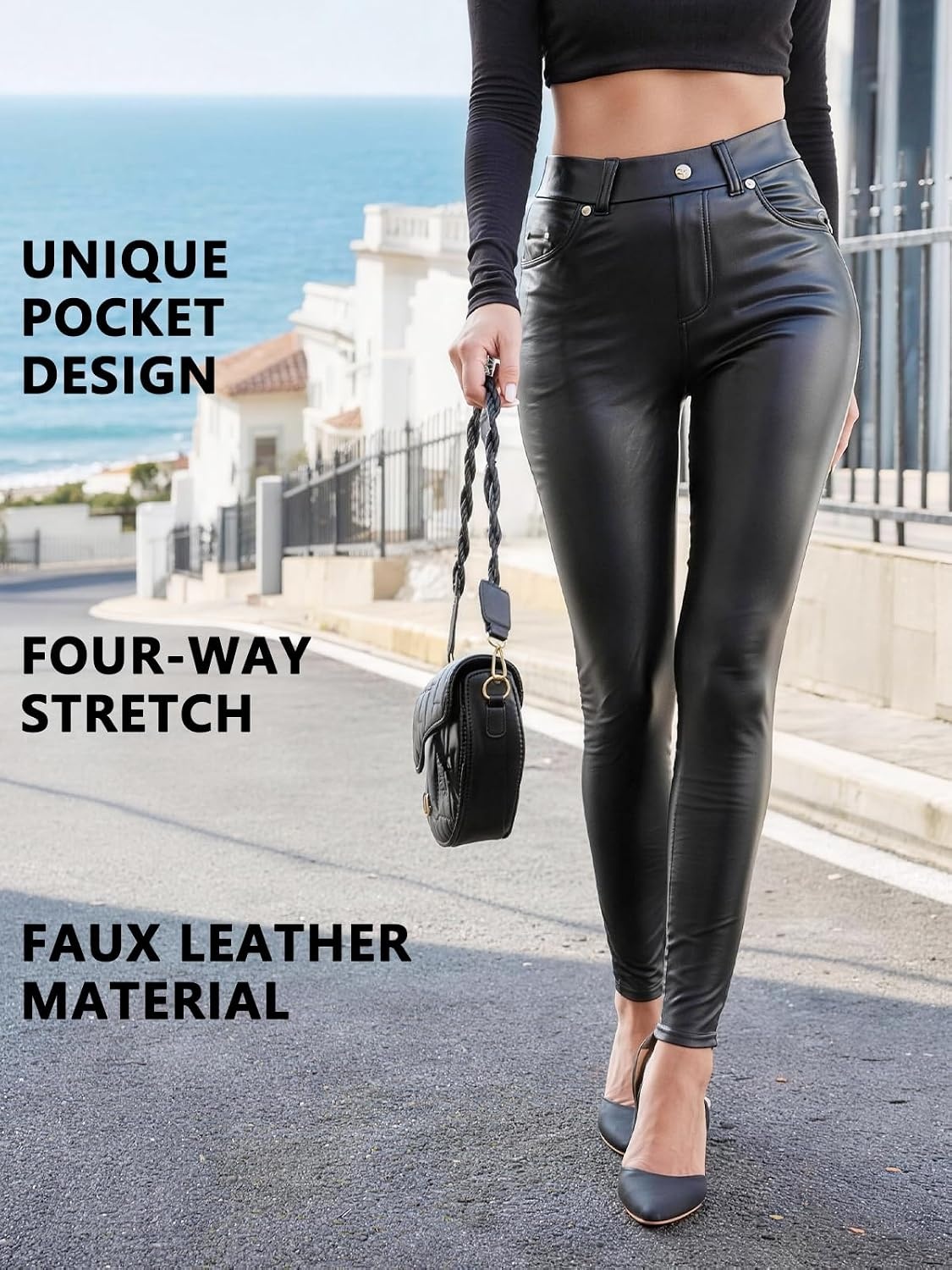 image:imageGlox Womens Faux Leather Leggings with Pockets Fleece Lined Leather PantsBlack