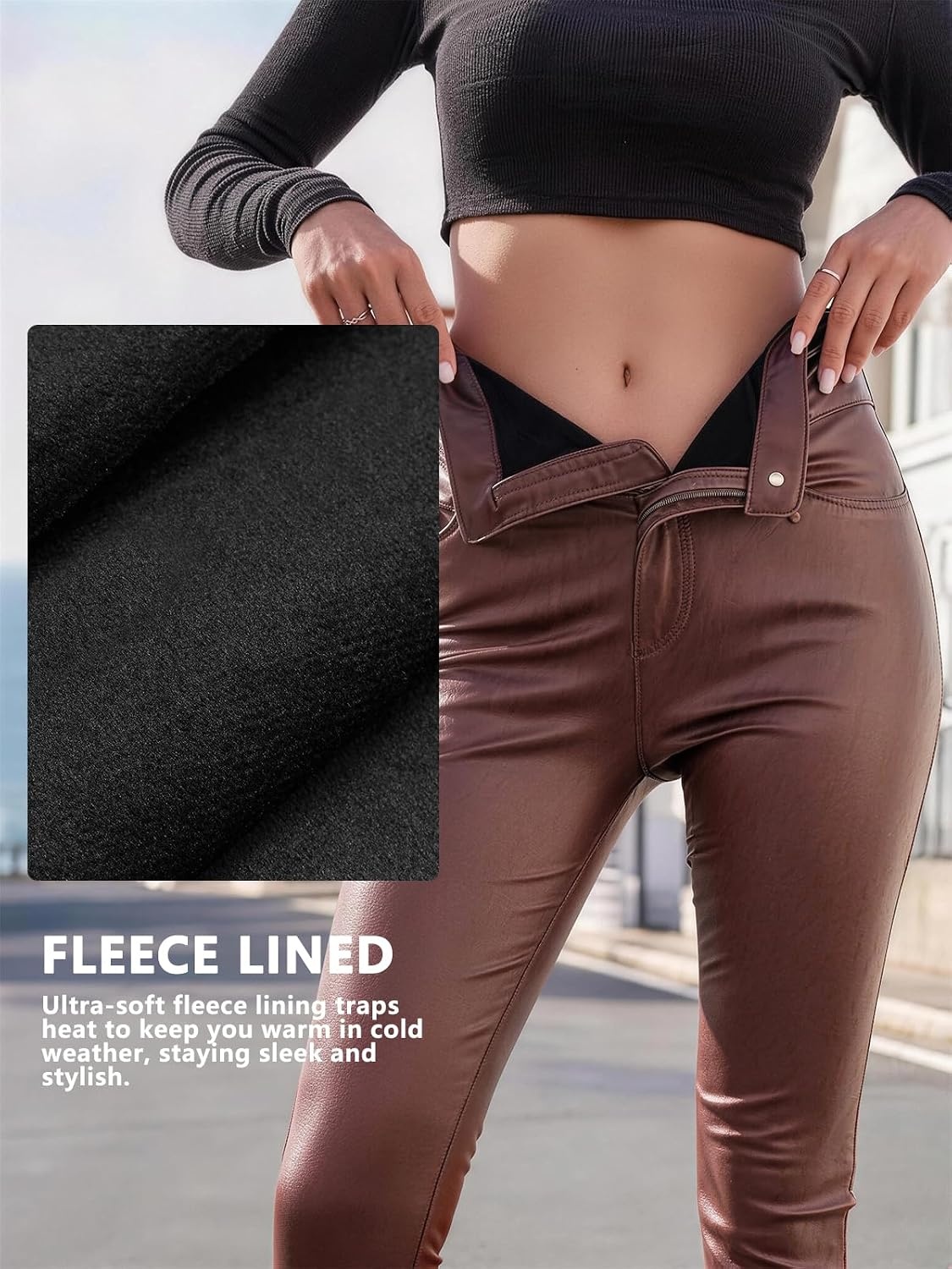 image:imageGlox Womens Faux Leather Leggings with Pockets Fleece Lined Leather PantsBrown