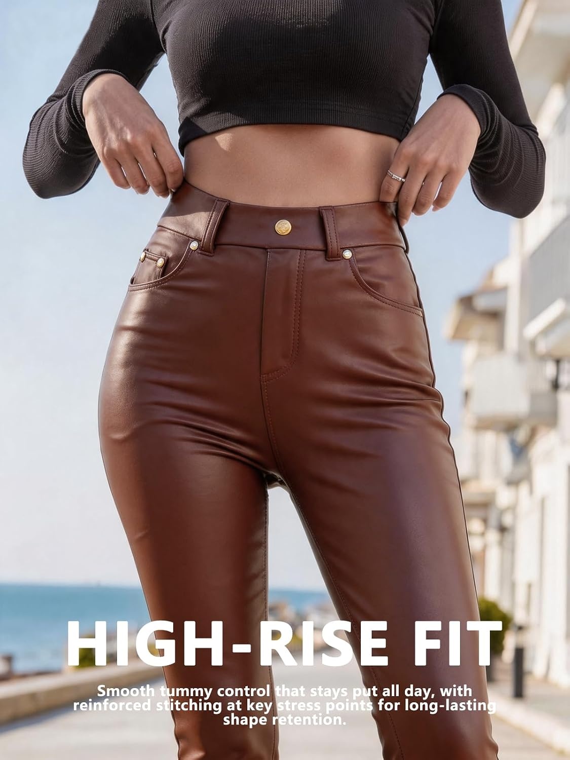 image:imageGlox Womens Faux Leather Leggings with Pockets Fleece Lined Leather PantsBrown