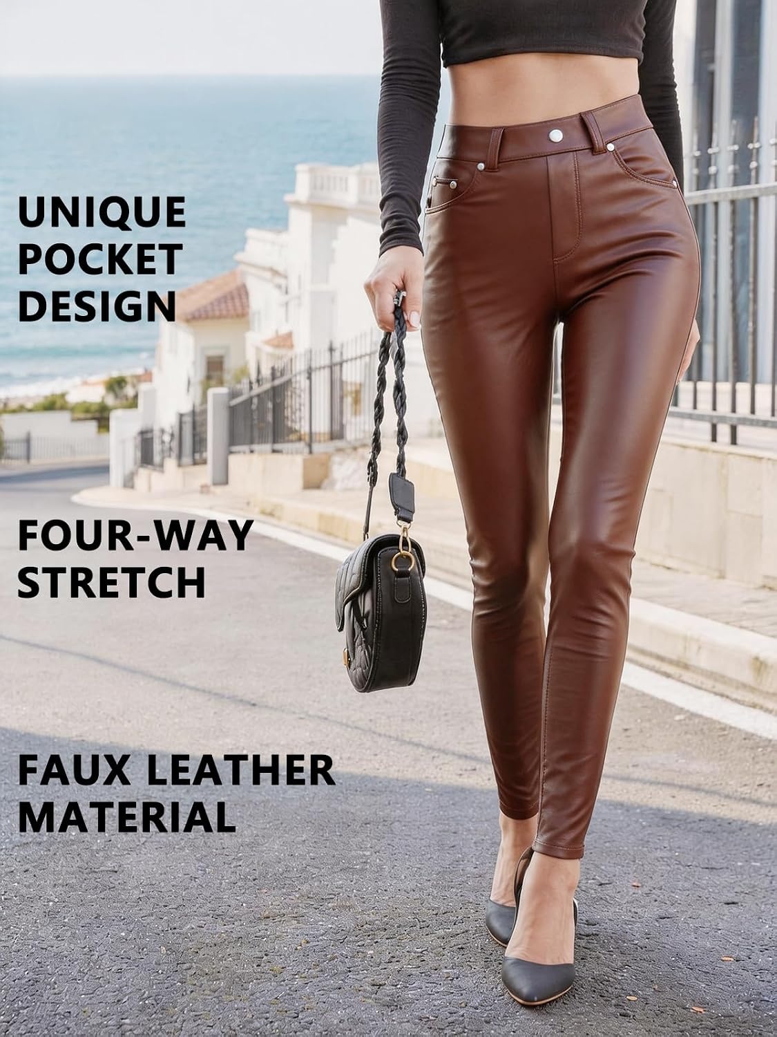 image:imageGlox Womens Faux Leather Leggings with Pockets Fleece Lined Leather PantsBrown