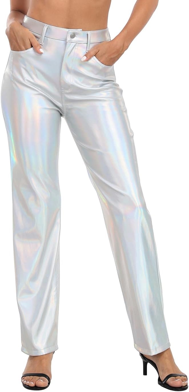 image:imageHDE Womens Metallic Faux Leather Pants High Waisted Straight Leg PocketsHolographic