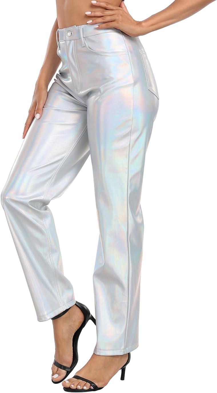 image:imageHDE Womens Metallic Faux Leather Pants High Waisted Straight Leg PocketsHolographic
